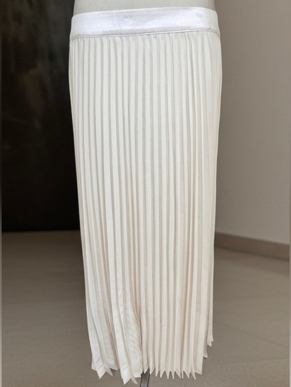 280 ANEWSTA SHEIN Cream Pleated Midi Skirt Satin Waistband Ivory Size Large 12